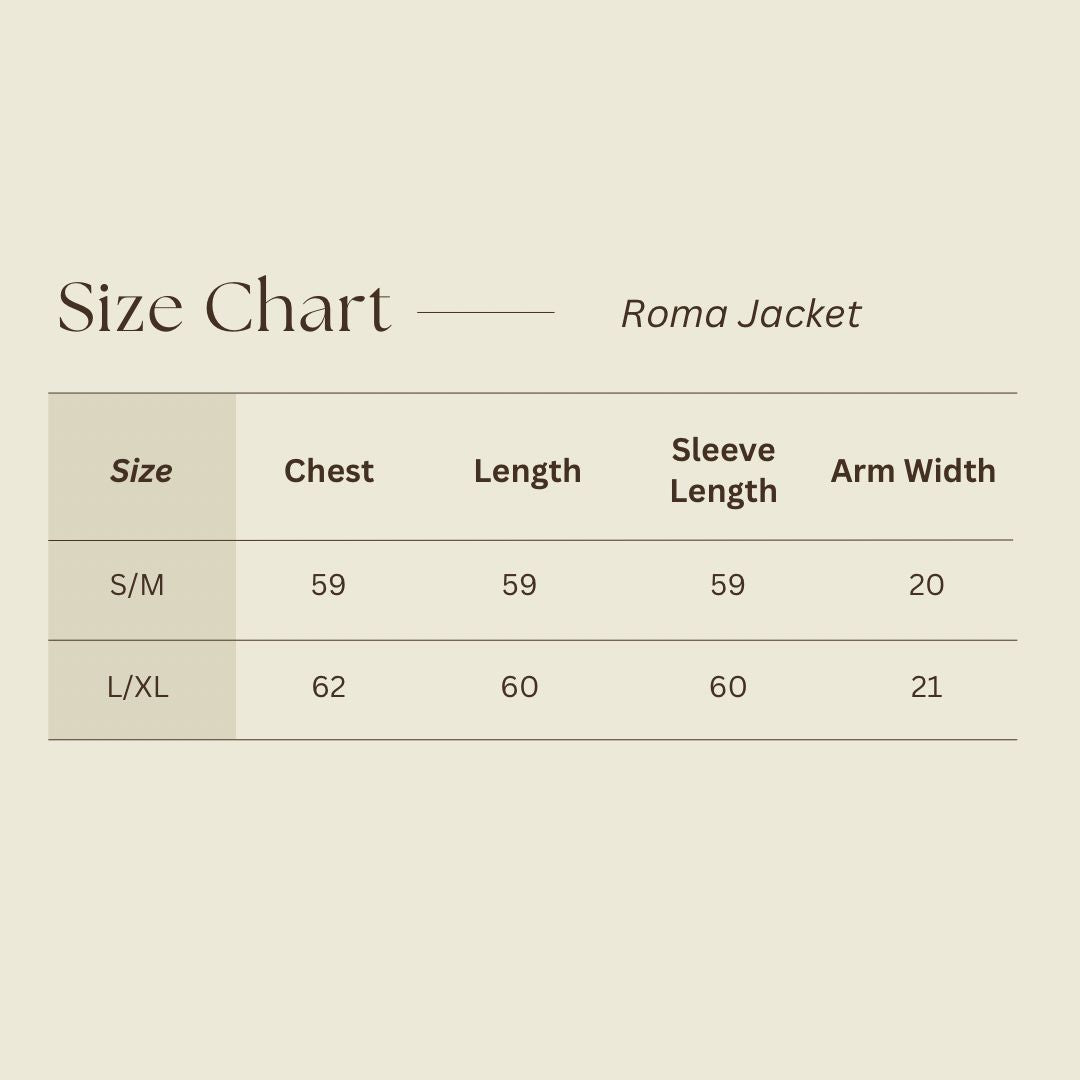 Size Chart for Roma Jacket