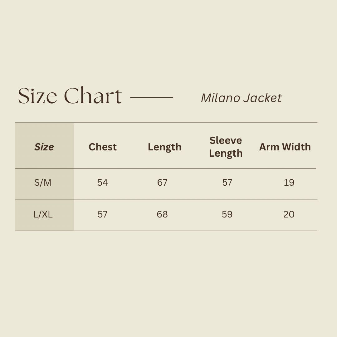 Size Chart for Milano Jacket